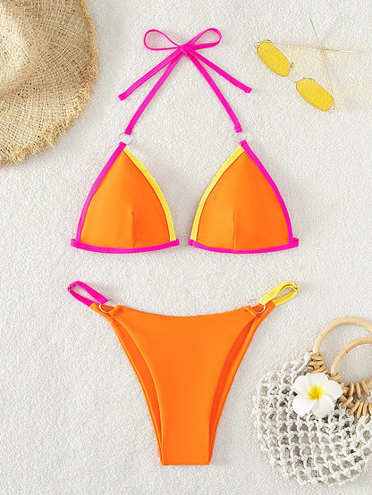 Swim Summer Beach Contrast Binding Ring Linked Triangle Bikini Set