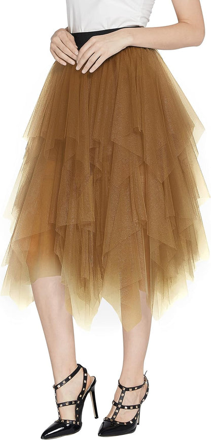 Women'S A-Line Mesh Tutu Skirt Fluffy Layered Tulle Midi Long Skirts with Elastic Waist