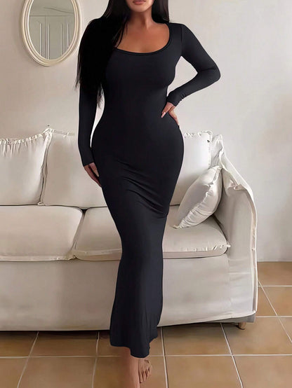 INAWLY Solva Solid Scoop Neck Bodycon Dress