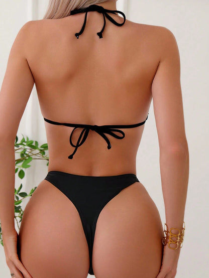 Swim Basics Summer Beach Chain Linked Halter Triangle Bikini Set